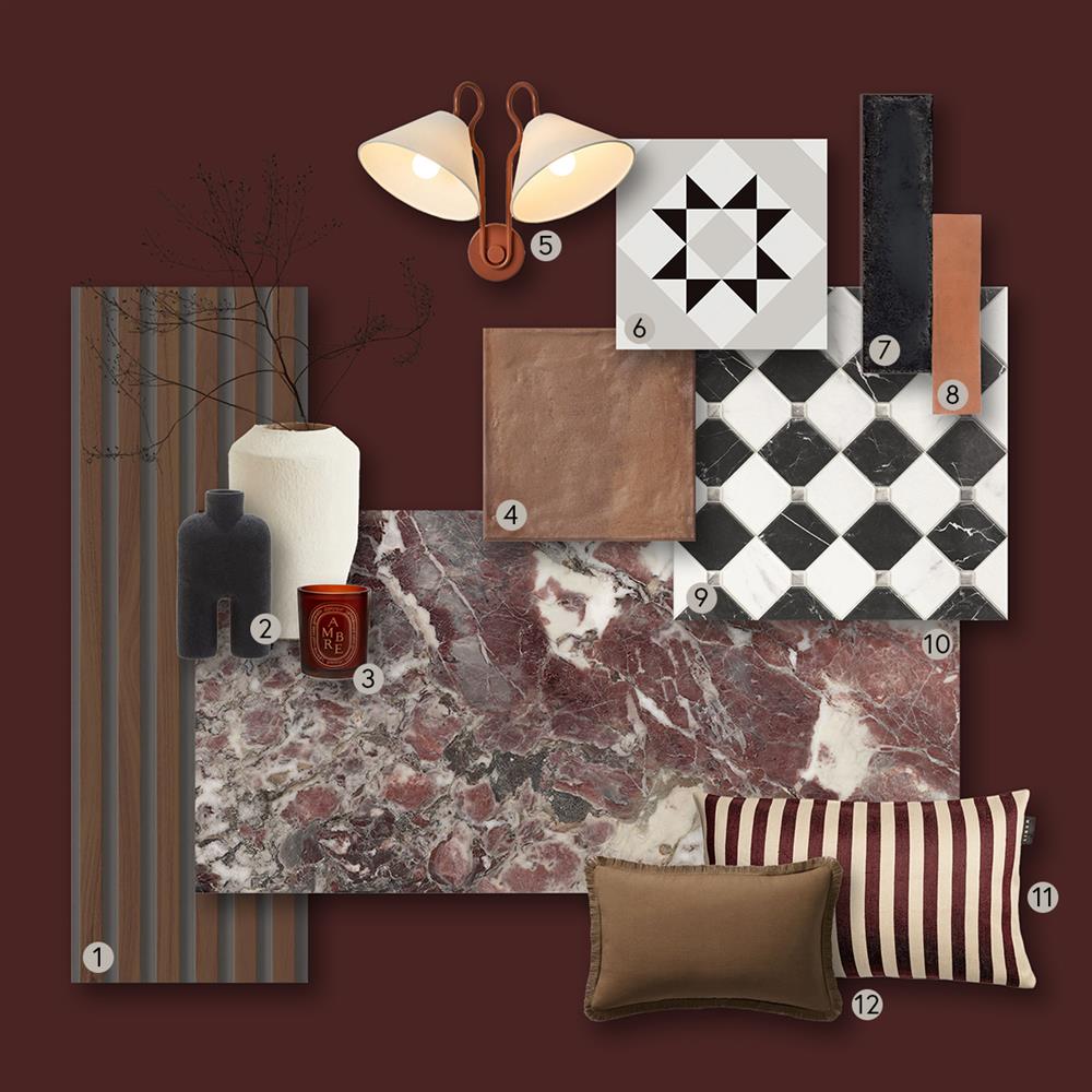 A sample set of Alpine walnut ceramic, terracotta natural porcelain, Marlow grey porcelain, Camden charcoal metro, artisan Cotto metro, Pantheon Carrara checkerboard porcelain, Viola Royale polished porcelain tiles